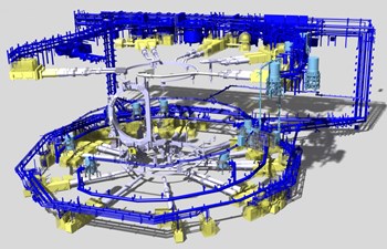 A complex system of cryolines and cold boxes will distribute the cooling power generated by the ITER cryoplant to clients throughout the installation. (Click to view larger version...)