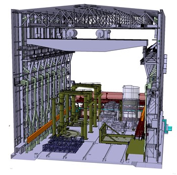 Au plafond: un système de levage composé de deux ponts roulants. Au sol: des outils spécifiques pour assembler, soulever et manœuvrer vers leur emplacement définitif les composants monumentaux d'ITER. (Click to view larger version...)