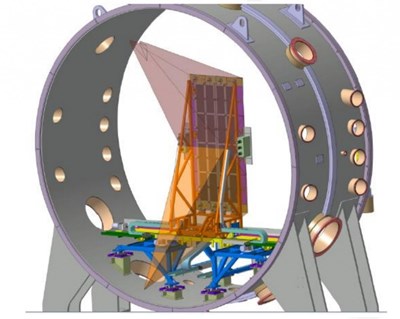 A CAD representation of the rear side of the STRIKE calorimeter, installed inside the SPIDER vessel perpendicular to the beam. In orange, the view cones of infrared cameras. (Click to view larger version...)
