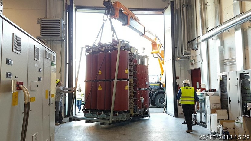 The power supply for the residual ion dump has been delivered to the MITICA test bed at Consorzio RFX in Padua, Italy. On the left, the conversion system for the test bed's acceleration grid power supplies is also visible. (Click to view larger version...)