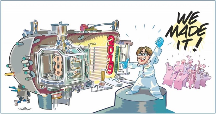 The achievement of the first hydrogen beam was celebrated by a commemorative strip by well-known cartoonist Stefano Intini. (Click to view larger version...)