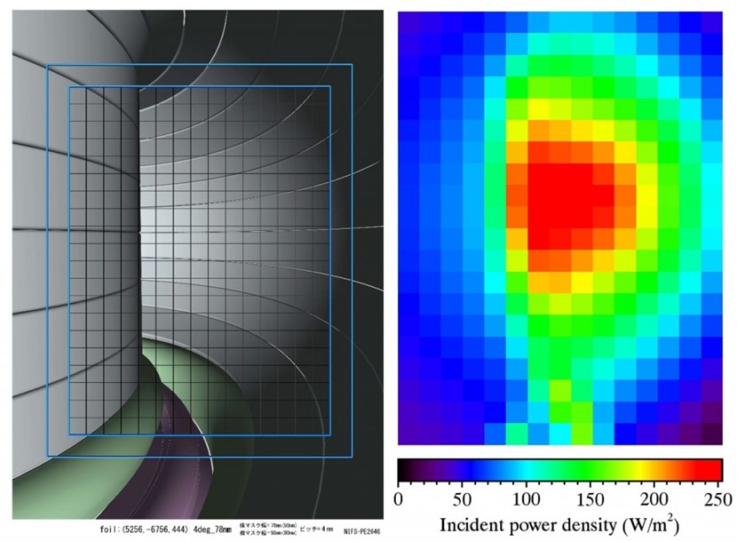 Figures showing a CAD image of a 300-channel imaging bolometer viewing the ITER torus (left), and an image from the bolometer showing the estimated signal levels (right). (Click to view larger version...)