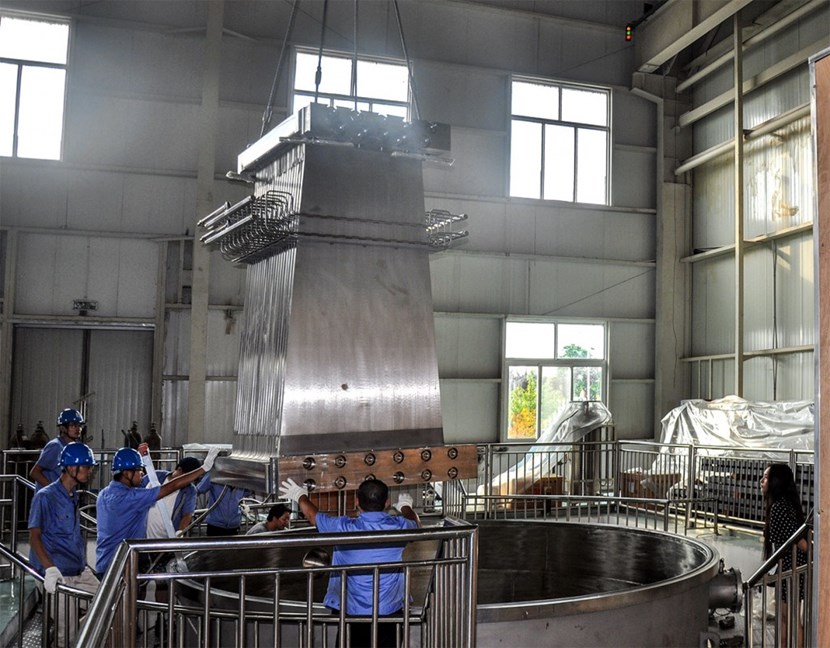 Before shipment, the toroidal field gravity supports were tested for leak tightness in a vacuum chamber in China. (Click to view larger version...)
