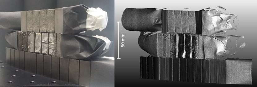 Left: A photo of damaged divertor blocks (from ITER prototype components) inspected by the in-vessel viewing system. Right: the system view + 3D metrology data of the same part. Details of damage such as tile swelling, melting and cracking can be clearly detected. © Fusion for Energy (Click to view larger version...)