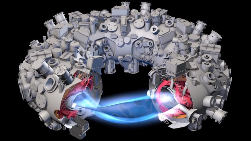 Stellarators rely on a complex and baroque arrangement of twisted coils to confine the plasma inside the machine's vacuum chamber. Wendelstein 7-X is expected to begin operations in the coming weeks. Image: Adapted from IPP by C. Bickel/Science magazine (Click to view larger version...)