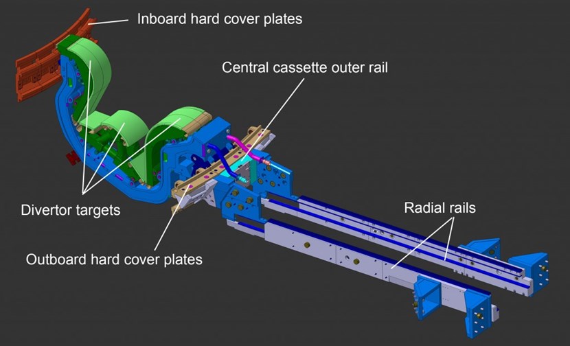 Divertor cassettes will be inserted by robotic handler into the vacuum vessel through the lower ports. Once inside the chamber, they will be moved along concentric toroidal rails into their final position. (Click to view larger version...)