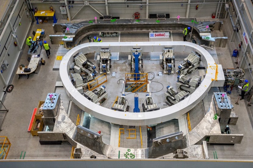 European contractors perform the first insertion operation of toroidal field coil manufacturing. The completed unit—winding pack plus case—weighs approximately 310 tonnes. © SIMIC (Click to view larger version...)