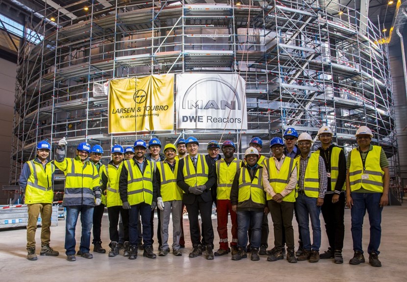Guests from the Indian Domestic Agency and from contractor Larsen & Toubro joined the ITER Director-General, ITER Organization staff, and on-site welding specialists from MAN Energy Solutions to celebrate the completion of the component (Click to view larger version...)