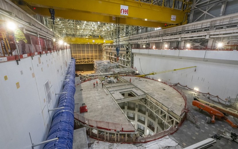One of the smaller lid segments is being readied for lifting. In two days, the 11 segments of the structure were dismantled, lifted and safely stored to be re-used at a later stage of ITER operations (Click to view larger version...)