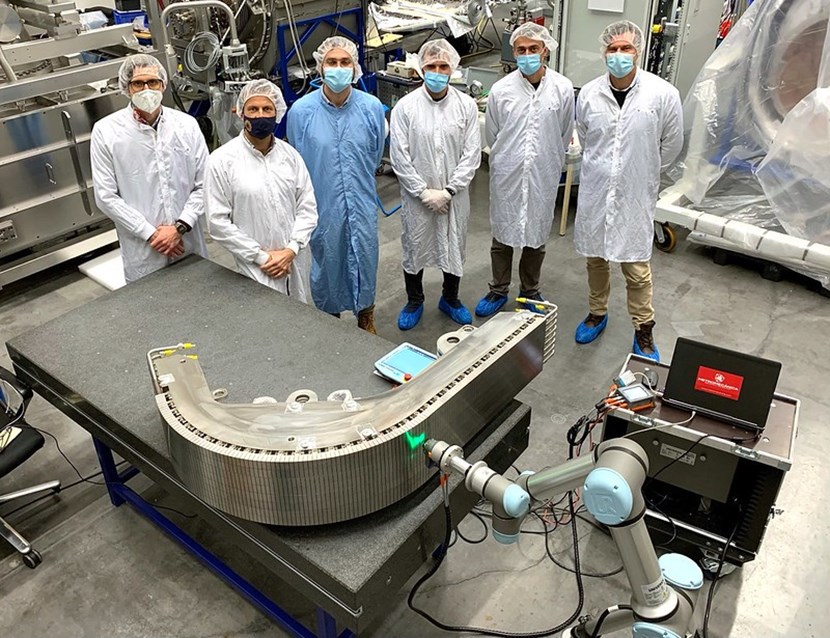 Representatives of Fusion for Energy, Research Instruments (Germany), and Metromecanica during dimensional checks on the inner vertical target performed at Research Instruments in December 2020. (Click to view larger version...)