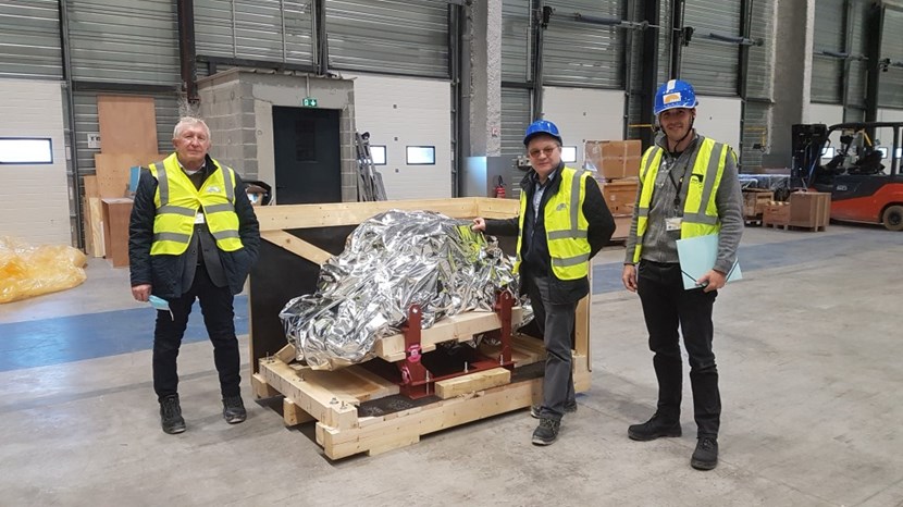 The dome prototype arrived at ITER on 14 December 2021. From left to right: Victor Komarov (ITER Technical Responsible Officer); Radmir Giniiatulin (Divertor Section Leader); and David Aisa (ITER CAD technician). (Click to view larger version...)