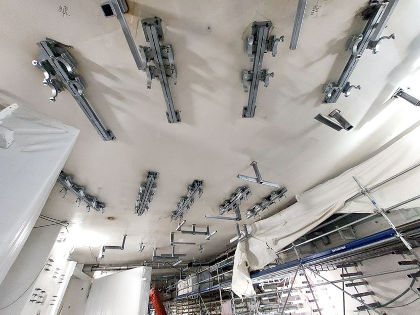 Supports installed on the ceiling in the B1 level of the Tokamak Building, showing the ''ceiling hugging'' nature, which keeps the diagnostic systems very close to the ceiling and above other installed equipment. (Click to view larger version...)