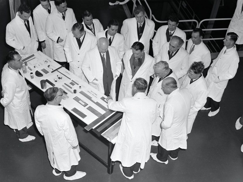 Nikita S. Khrushchev (centre) and Nikolai A. Bulganin (to his left) during the historical visit to the Atomic Energy Research Establishment in Harwell on 26 April 1956, also attended by Igor V. Kurchatov, the ''father'' of the Soviet nuclear program (to the right of Khrushchev). Opposite is Sir John D. Cockcroft, Director of the Atomic Energy Research Establishment. On the table, mockups of elements from the material testing reactor DIDO, which had just entered operation, are exhibited. (Click to view larger version...)