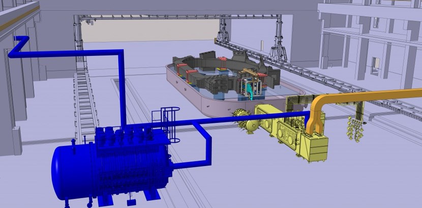 The cold test facility will be located in the partially vacated poloidal field coil winding facility. Supercritical helium at 4 K will be delivered by way of a cryogenic auxiliary cold box (blue) interfacing with the cryoplant; electrical power will be fed by a busbar (orange) originating in a dedicated power supply system. Both cryogens and electrical power will be delivered to the magnet by way of a feeder (yellow). As the coil will be in the horizontal position, a new design is required for connecting it to the feeder. (Click to view larger version...)