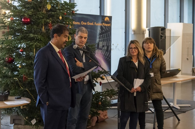 From left to right: ITER's Sriram Kattalai Ramachandran, Head of the Office of the Director-General, and Ioan Cruceana, Chief Institutional Host State Relations, stand with Saint-Paul-lez-Durance Deputy-Mayor Elise Placé and Councilor Sandrine Meyer. (Click to view larger version...)