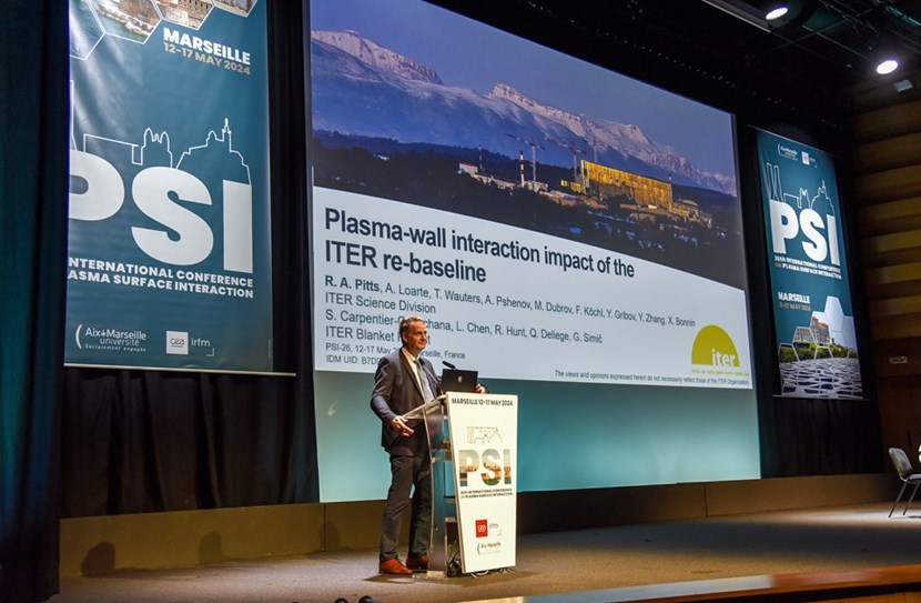 The 26th edition of the biennial International Conference on Plasma-Surface Interactions in Magnetic Confinement Devices (PSI-26), the preeminent plasma-surface interaction conference in the fusion calendar, was hosted in Marseille, a mere 75 km from ITER headquarters. Pictured here is the author, delivering the opening introductory talk at the conference. (Photo CEA/IRFM) (Click to view larger version...)