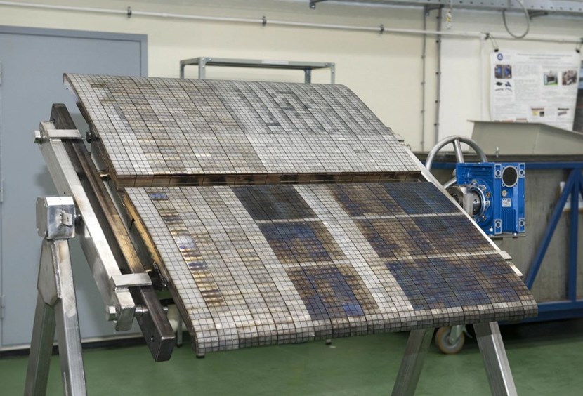 This full-scale prototype of an enhanced heat flux first wall blanket panel (with beryllium armour tiles) was produced as part of a qualification program at the Efremov Institute. During high heat flux cyclic testing, the surface temperature of the tiles reached 650 °C (explaining the discoloration). The team has now begun a qualification program to validate tungsten as the blanket first wall armour material. (Click to view larger version...)