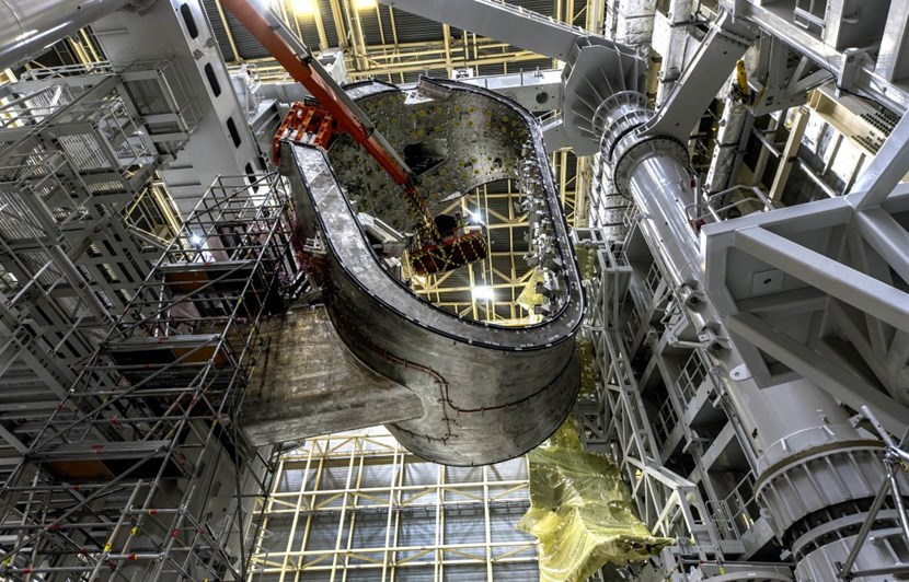 Assembly operations can now proceed on vacuum vessel sector #7 (pictured). In the twin handling tool, repair works on sector #6 should be completed by November 2024. In the former Cryostat Workshop, repairing both sides of vacuum vessel sector #8 will require flipping the 440-tonne component. The forecast date for completion is July 2025. (Click to view larger version...)