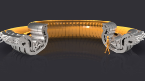 In English: Cross-sectional illustration of the core of the ITER tokamak, with the ITER fusion divertor highlighted in dark blue. En Français: Illustration en coupe transversale de la machine ITER, mettant en évidence le divertor en bas de la machine en bleu foncé.