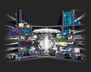 In English: Colored illustration on a black background of the supporting systems of the ITER tokamak fusion reactor. En Français: Illustration colorée sur fond noir de la machine ITER, un réacteur de fusion, en coupe qui montre l'arrivée des systèmes industriels.