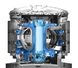 Cross-sectional illustration of the core of the ITER tokamak, with the ITER superconducting magnets highlighted in light blue. 