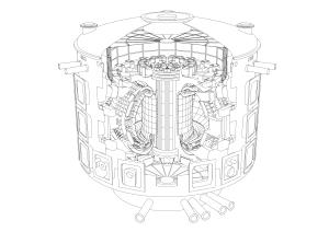 Detailed line drawing of the inside of the ITER Tokamak, a nuclear fusion reactor.