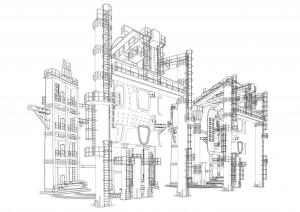 Computer-generated line drawing of large ITER assembly tools that help in assembling ITER.