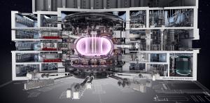 In English: Computer generated image of a toroidal plasma from the ITER project, showing how particles follow magnetic field lines. En Français: Illustration du mouvement des particules dans un plasma en combustion confiné par champ magnétique. Image générée par ordinateur.