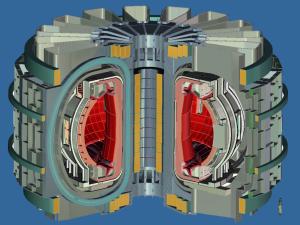 In English: Colorful illustration of a future fusion reactor, with the center of the plasma chamber in red, source of tokamak energy. En Français: Une interprétation artistique d'un futur réacteur de fusion et le industrialisation de la fusion. La chambre de plasma est colorée en rouge.