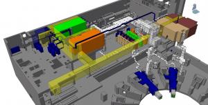 Color-coded drawing showing how tritium breeding systems will be integrated into the buildings around the ITER tokamak.